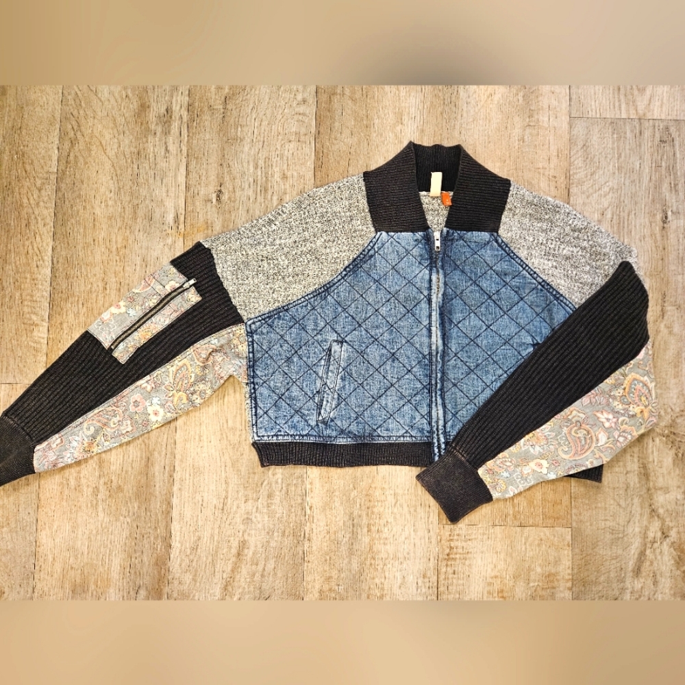 Anthropologie Cropped Denim Knit Paisley Jacket